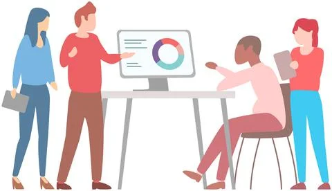 Manager makes a presentation of a statistical report. Analysis and planning Stock Illustration