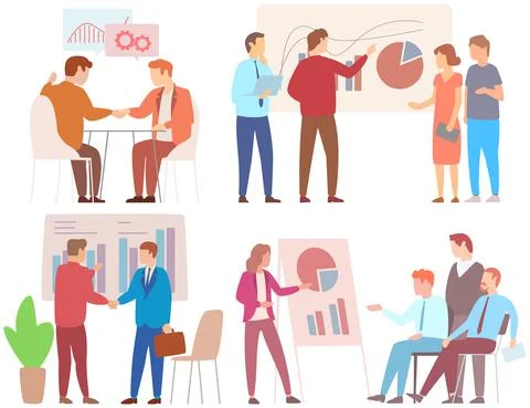 Manager makes a presentation of a statistical report. Analysis and planning Illustrazione stock