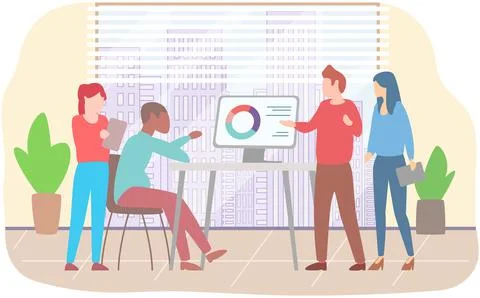 Manager makes a presentation of a statistical report. Analysis and planning Stock Illustration