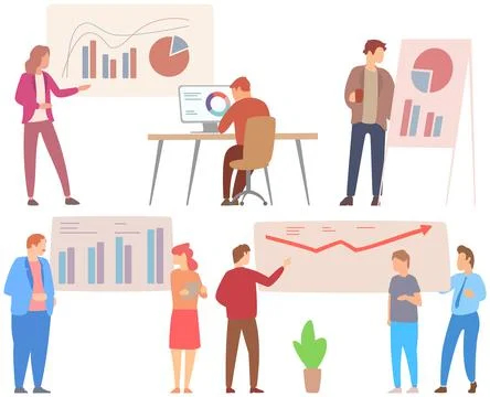 Manager makes a presentation of a statistical report. Analysis and planning Stock Illustration