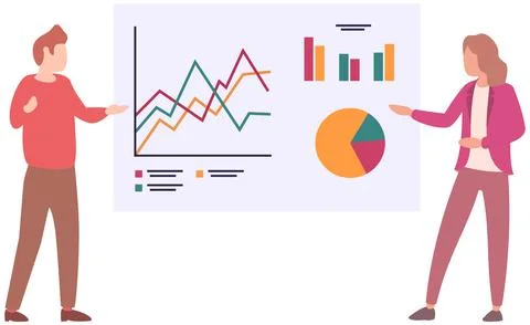 Manager makes a presentation of a statistical report. Analysis and planning Illustrazione stock