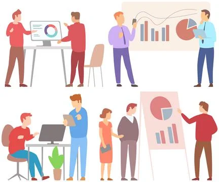Manager makes a presentation of a statistical report. Analysis and planning Stock Illustration
