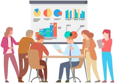 Manager makes a presentation of a statistical report. Analysis and planning Stock Illustration