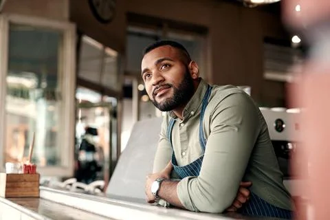 Manager, man and thinking at counter for cafe expansion vision, venture ide.. Stock Photos