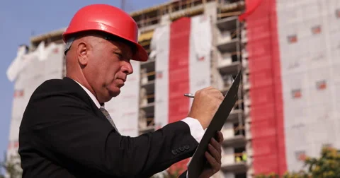 Manager Man Builder Worker Writing Clipboard Inspecting Works Construction Site 스톡 동영상 54656905