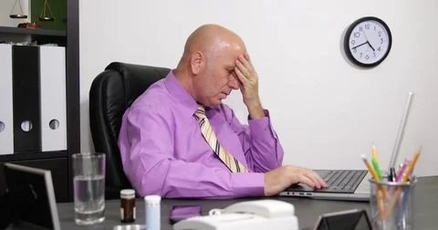 Manager Man Depressed Suffering Terrible Headache Pills Abuse Head Hands Gesture Stock Footage 75761404