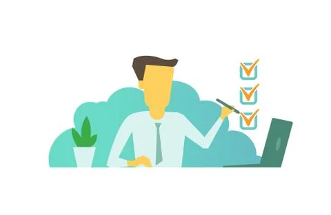 Manager marks checkbox ticked cases sitting at the table. successfully completed Stock Illustration