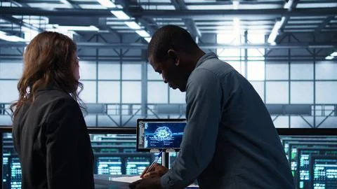 Manager meeting with client in data center to review files, doing handshake Stock Photos