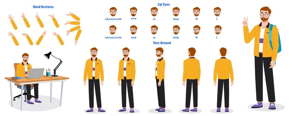 A manager modelsheet. manager turn around sheet, hand gestures, lip sync Stock Illustration