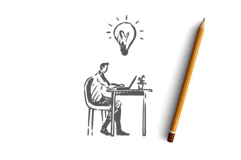 Manager, office, work, person, computer concept. Hand drawn isolated vector. Illustrazione stock