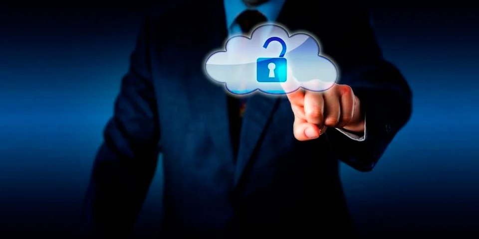 Manager Opening A Lock In The Cloud Via Touch Stock Illustration