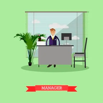 Manager or office worker sitting on chair and working with computer. Business Illustrazione stock