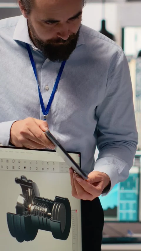 Manager overseeing engineer using CAD app to optimize wind turbine design Stock Footage 315474475