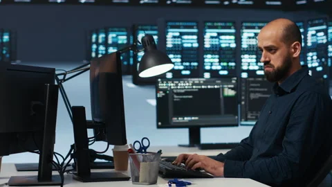 Manager overseeing server room, running code on computer Stock Footage 275501076