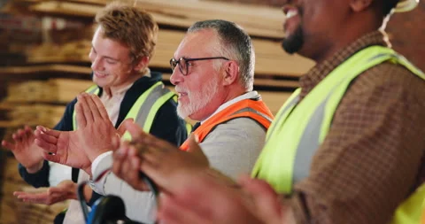 Manager, people and applause in carpenter workshop with manufacturing success, Stock Footage 341400862