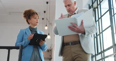 Manager, people and file in office with tablet, discussion and instructions for Stock Footage 341474918