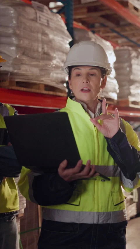 Manager, people and logistics in warehouse with laptop, explain distribution and Stock Footage 335925309