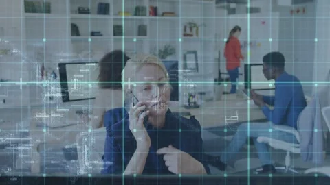 Manager picking up phone and starting business call while tech HUD showing data Stock Footage 333078059
