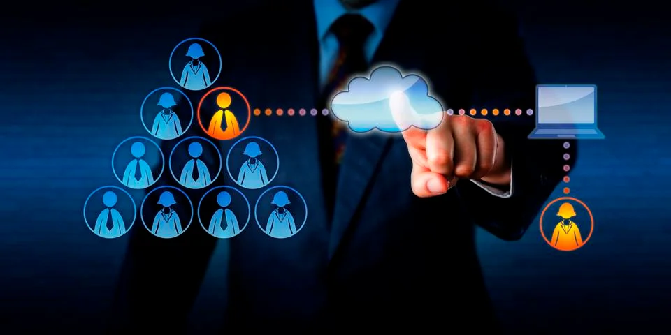 Manager Plugging-In A Remote Freelancer Via Cloud 스톡 일러스트