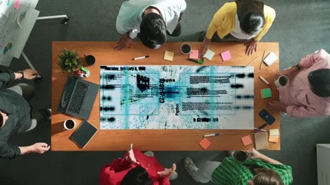 Manager pointing and talking about coding program at meeting room. Convocation. Stock Footage 274453371