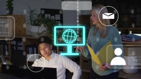 Manager pointing at desk and causing cyan globe overlays for tech review, man Stock Footage 334694085