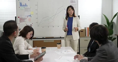 Manager pointing at line graph on whiteboard Stock Footage 225591040