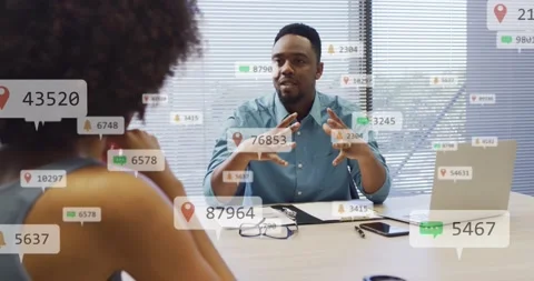 Manager presenting business points, floating icons growing then fading over Stock Footage 328366339