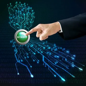 Manager pushing start button for starting circuit board system Illustrazione stock