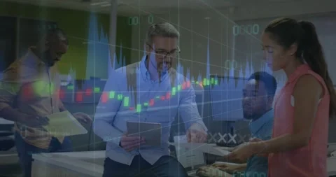 Manager receiving chart, tapping tablet to compare with animated finance graphs Stock Footage 319851607