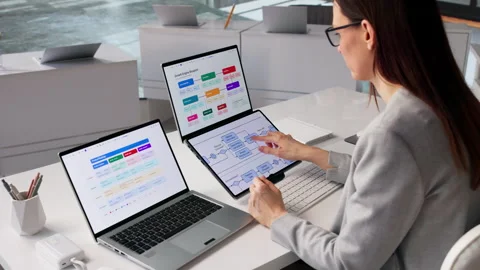 Manager Reviewing Business Process Flow Chart On Laptop Stock Footage 330587210