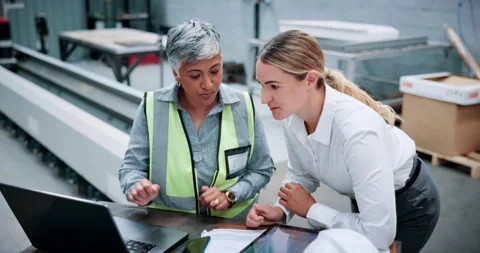 Manager, robotics and women on tech in factory for machine design, inspection Stock Footage 331570559