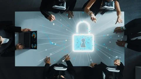 Manager send security code to business team by using VR glass. Directorate. Stock Photos