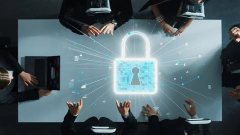 Manager send security code to business team by using VR glass. Directorate. Stock Photos