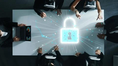 Manager send security code to business team by using VR glass. Directorate. Stock Photos