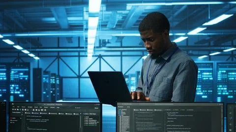Manager in server hub using laptop to find errors affecting performance Stock Photos