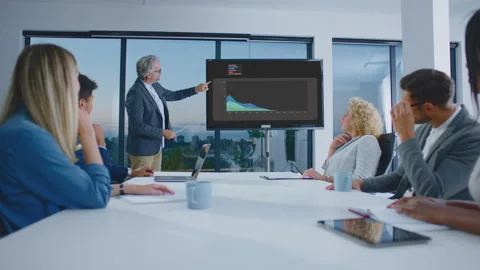 Manager Showing colourful charts Stock Footage 164718878