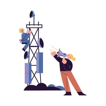 Manager standing and giving commans to worker climbing 5g mobile tower Stock Illustration