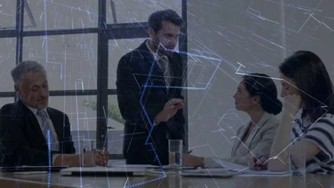 Manager standing up and pacing by business table, presenting data while overlay Stock Footage 334466053