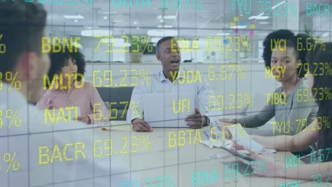 Manager starting finance review, gesturing, checking papers while data grid Stock Footage 334203327