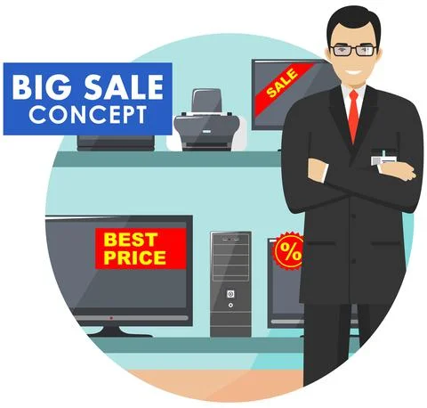 Manager in store with TVs, computers, laptops, printers, monitors. Stock Illustration