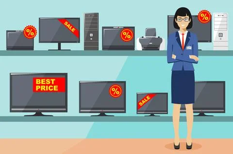 Manager in store with TVs, computers, laptops, printers, monitors. Stock Illustration