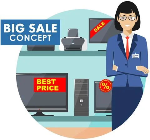 Manager in store with TVs, computers, laptops, printers, monitors. Stock Illustration