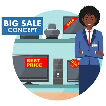 Manager in store with TVs, computers, laptops, printers, monitors. Stock Illustration