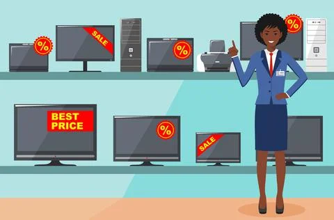 Manager in store with TVs, computers, laptops, printers, monitors. Stock Illustration