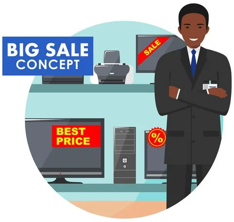 Manager in store with TVs, computers, laptops, printers, monitors. Stock Illustration