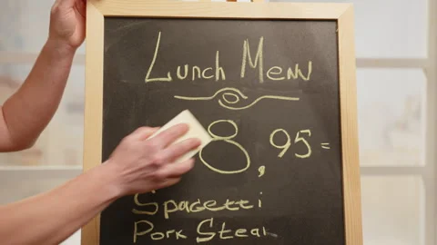 Manager of street cafe changes price tag for menu on chalkboard Stock Footage 245081775