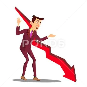 Manager In Stress Next To Arrow Of Falling Sales Graph Vector. Isolated Stock Illustration