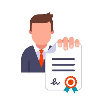 Manager in a suit holds a document in his hand. present a signed and sealed Stock Illustration