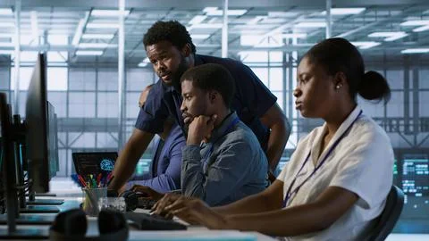 Manager supervising server room workers Foto stock