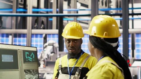 Manager supervising technician in factory using PC to diagnose malfunctions Stock Footage 308722064